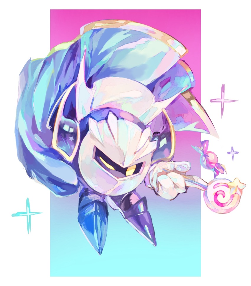 1boy, candy, cape, commentary_request, food, highres, holding, holding_candy, holding_food, kirby_(series), looking_at_viewer, male_focus, mask, meta_knight, nintendo, one_eye_closed, solo, sparkle, user_gaje3724, yellow_eyes