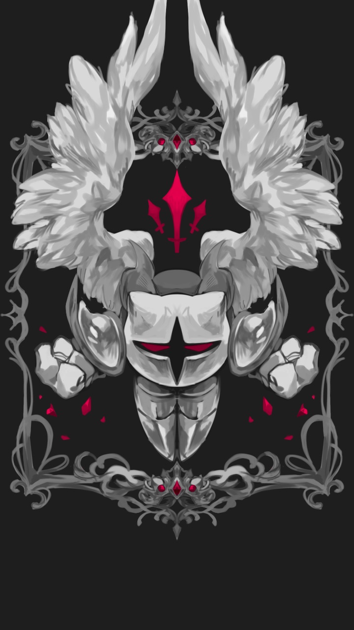 1boy, black_background, clenched_hand, commentary_request, flying, galacta_knight, highres, horns, kirby_(series), looking_at_viewer, male_focus, monochrome, nintendo, red_eyes, simple_background, solo, user_gaje3724, wings