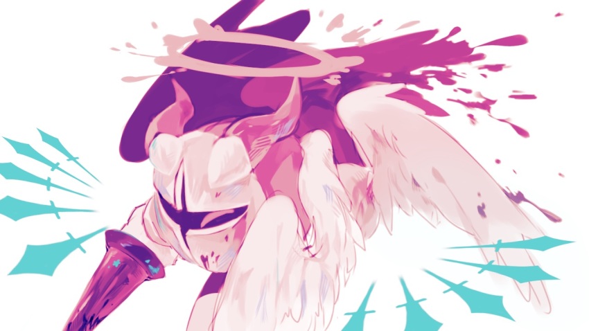 1boy, blood, blood_on_face, bloody_weapon, commentary_request, galacta_knight, halo, holding