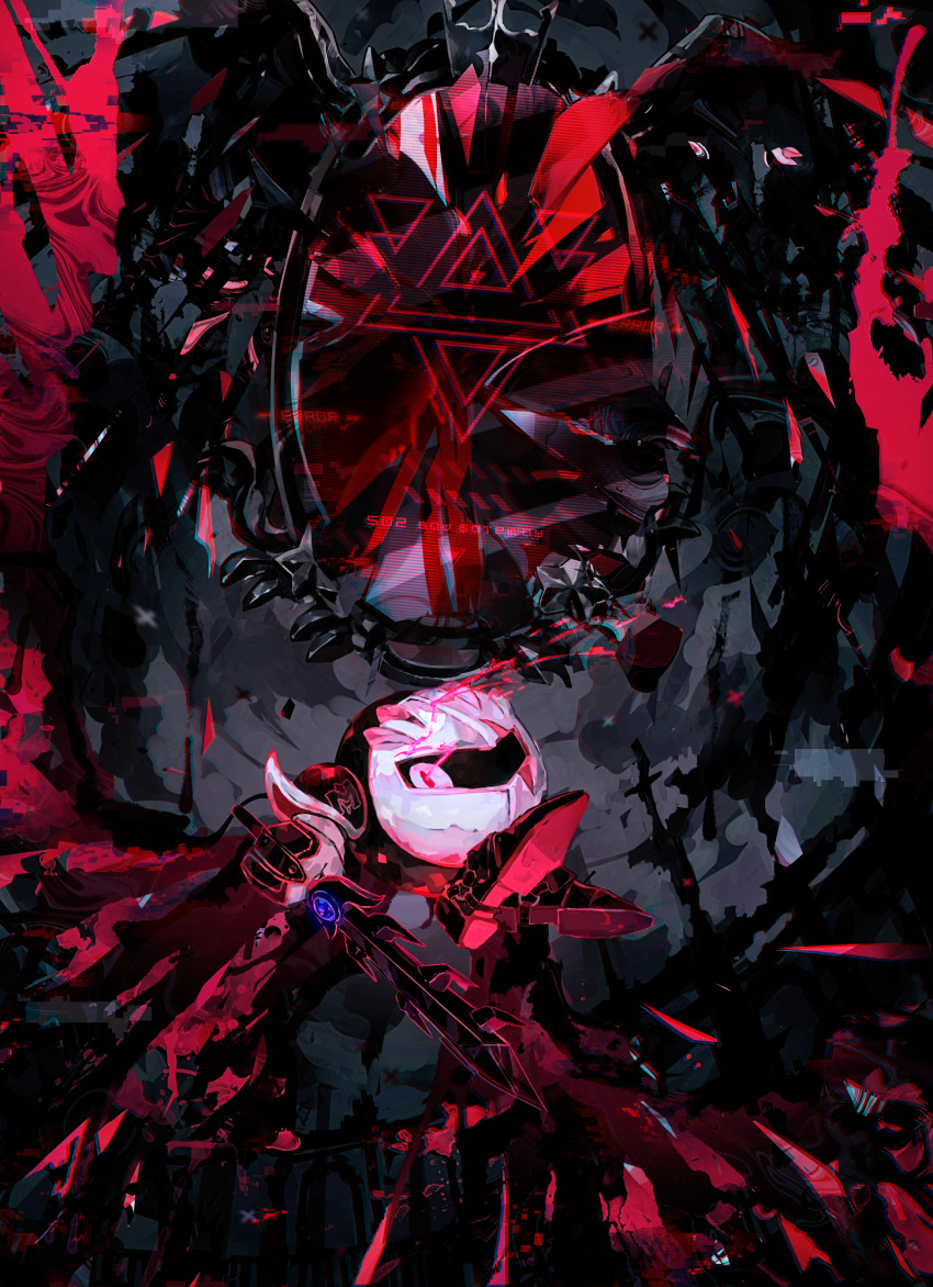 1boy, broken_mask, cape, commentary_request, dark_meta_knight, gloves, highres, holding, holding_sword, holding_weapon, kirby_(series), kirby_&amp;_the_amazing_mirror, looking_at_viewer, male_focus, mask, metro_(metronome40310bis), mirror, nintendo, red_footwear, red_theme, solo, sword, weapon