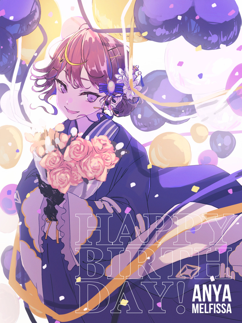 1girl, absurdres, anya_melfissa, anya_melfissa_(new_year), balloon, black_gloves, blonde_hair, blue_hair