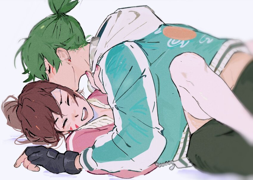 2girls, alternate_costume, bjmaki, black_gloves, brown_hair, closed_eyes, couple, d.va_(overwatch), earrings, facepaint, fingerless_gloves, girl_on_top, gloves, green_hair, green_pants, highres, hood, jacket, jewelry, kiriko_(overwatch), kiss, long_sleeves, multiple_girls, official_alternate_costume, open_clothes, overwatch, overwatch_2, pants, short_hair, simple_background, spread_legs, sukajan, sukajan_kiriko, teeth, thighhighs, upper_teeth_only, white_background, white_thighhighs, yuri