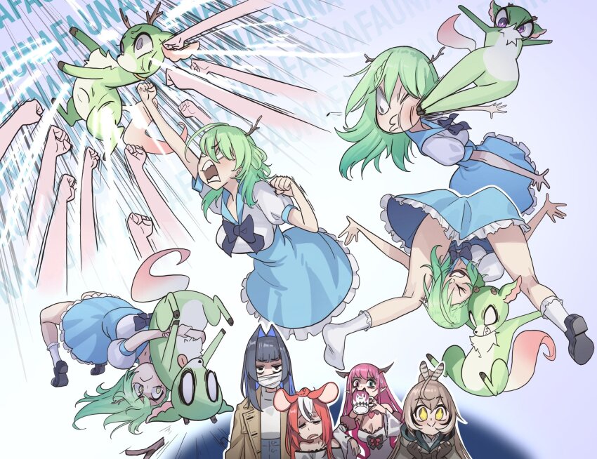 5girls, ahoge, animal_ears, antlers, bandage_on_face, bandages, black_hair, blue_eyes