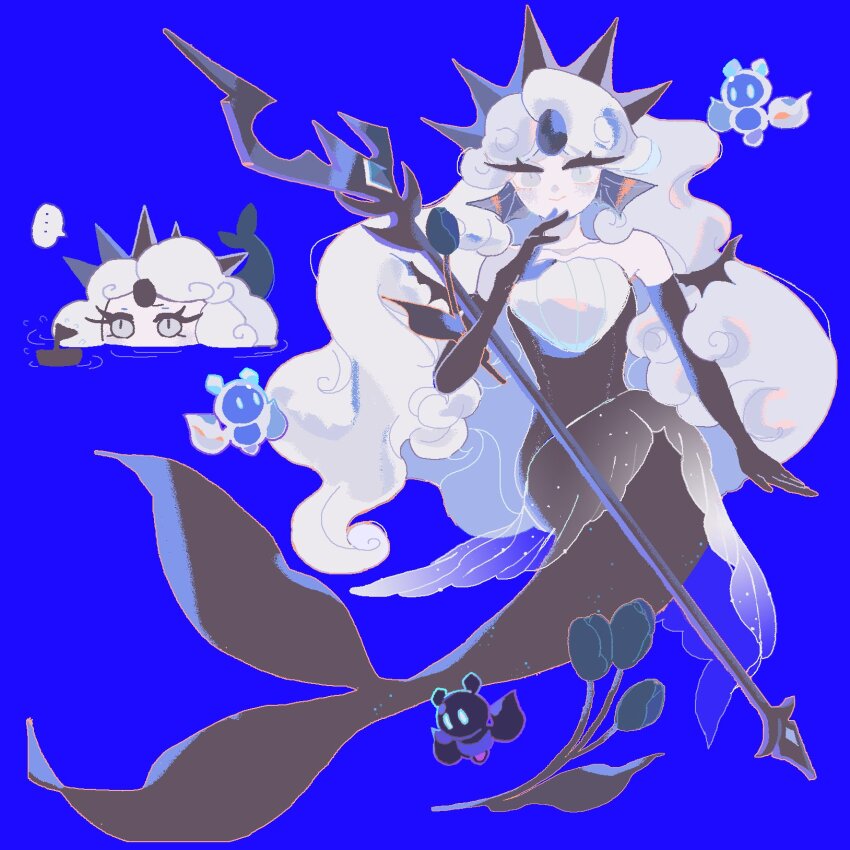 ..., 1girl, afloat, arm_at_side, arm_support, arm_up, bare_shoulders, bat_wings, black_dress, black_flower, black_gloves, black_pearl_cookie, blending, blue_background, blue_theme, blush, blush_stickers, boat, chibi, closed_mouth, cloud_hair, collarbone, colored_skin, come_hither, cookie_run, cookie_run:_kingdom, corruption, crazy_smile, crown, curly_hair, dark_persona, doyagao, dress, elbow_gloves, evil_smile, eye_focus, eyelashes, facial_mark, fins, flat_color, flower, food, forehead_mark, full_body, furrowed_brow, gem, gesugao, giant, gloves, grey_eyes, grimace, hair_ornament, hair_pulled_back, hand_on_own_face, hand_to_own_mouth, hand_up, head_fins, highres, holding, holding_polearm, holding_staff, holding_weapon, humanization, jewelry, light_smile, long_dress, long_eyelashes, looking_afar, looking_ahead, looking_at_viewer, mermaid, mermaid_dress, monster, monster_girl, no_pupils, ojou-sama_pose, pale_skin, partially_immersed, pastel_colors, pearl_(gemstone), pensive, polearm, reed_(makuri_reed), rowboat, sailboat, scowl, seductive_smile, see-through_clothes, see-through_dress, see-through_silhouette, shell, ship, simple_background, sketch, slit_pupils, smile, smiley_face, smirk, smug, sneer, solo, solo_focus, spoken_ellipsis, staff, staring, straddling, straight-on, strapless, strapless_dress, submerged, sulking, tail, tail_raised, tiara, trident, tulip, twitter_username, underwater, upturned_eyes, v-shaped_eyebrows, water, watercraft, wavy_hair, weapon, white_eyes, white_hair, white_skin, wide-eyed, wings