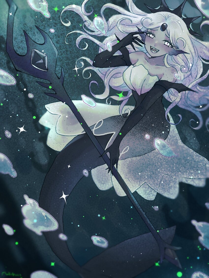 1girl, abyssal_ship, arched_back, argyle_background, argyle_clothes, arm_at_side, arm_up, bad_anatomy, bad_hands, bad_proportions, bare_shoulders, bat_wings, bent_over, black_dress, black_gloves, black_pearl_cookie, blush, blush_stickers, body_blush, breasts, bubble, cat-kelp, catching, claw_pose, claws, cleavage, cloud_hair, collarbone, colored_skin, come_hither, cookie_run, cookie_run:_kingdom, corruption, crazy, crown, curly_hair, dark, darkness, doyagao, dress, elbow_gloves, evil_grin, evil_smile, eye_focus, eyelashes, eyes_visible_through_hair, facial_mark, fangs, fingernails, fins, floating_hair, food, forehead_mark, frown, full-face_blush, full_body, furrowed_brow, gem, giant, giggling, gloves, glowing, glowing_eyes, gradient_background, grey_lips, grey_skin, grin, hair_ornament, hair_over_eyes, hair_pulled_back, hand_on_own_face, hand_up, happy, head_back, head_fins, highres, holding, holding_polearm, holding_staff, holding_weapon, humanization, jewelry, laughing, leaning_forward, lips, long_dress, long_eyelashes, long_fingernails, long_hair, looking_afar, looking_ahead, looking_at_viewer, looking_up, mermaid, mermaid_dress, monster, monster_girl, multicolored_background, ocean, ojou-sama_pose, open_mouth, parted_bangs, parted_hair, partially_immersed, pastel_colors, pearl_(gemstone), polearm, raised_eyebrow, seafloor, seductive_smile, see-through_clothes, see-through_dress, see-through_silhouette, sharp_fingernails, sharp_teeth, shell, sketch, slit_pupils, small_breasts, small_hands, smile, smiley_face, smirk, smug, sneer, solo, solo_focus, staff, standing, straight-on, strapless, strapless_dress, submerged, teeth, tiara, trident, twisted_torso, twitter_username, two-tone_background, underwater, upper_teeth_only, very_long_fingernails, water, water_drop, waves, wavy_hair, weapon, white_eyes, white_hair, wings