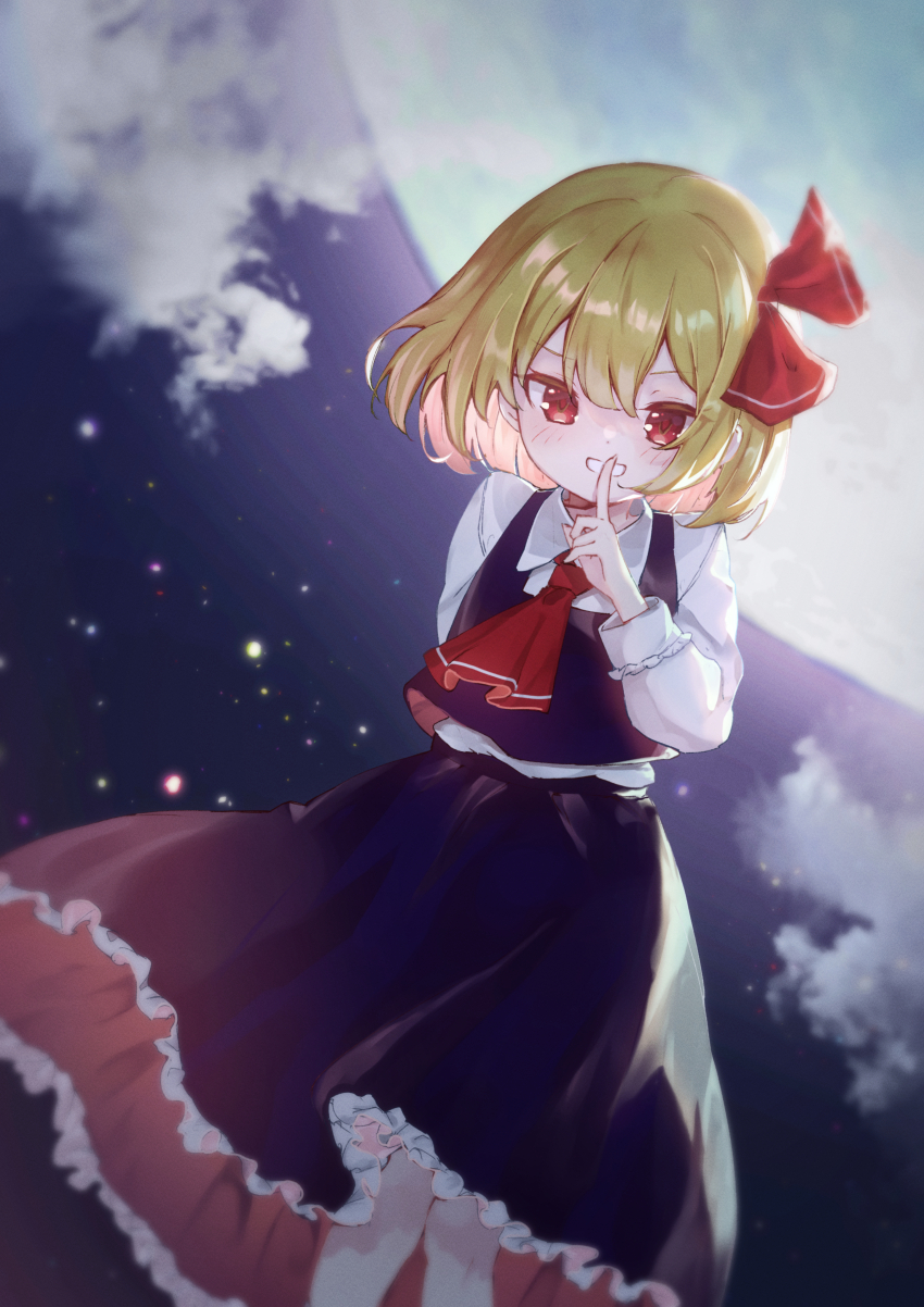 1girl, absurdres, ascot, black_skirt, black_vest, blonde_hair, blush, collared_shirt