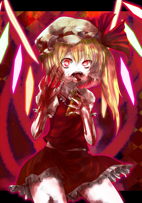1girl, blonde_hair, blood, blood_on_arm, blood_on_leg, blouse, collared_shirt, embodiment_of_scarlet_devil