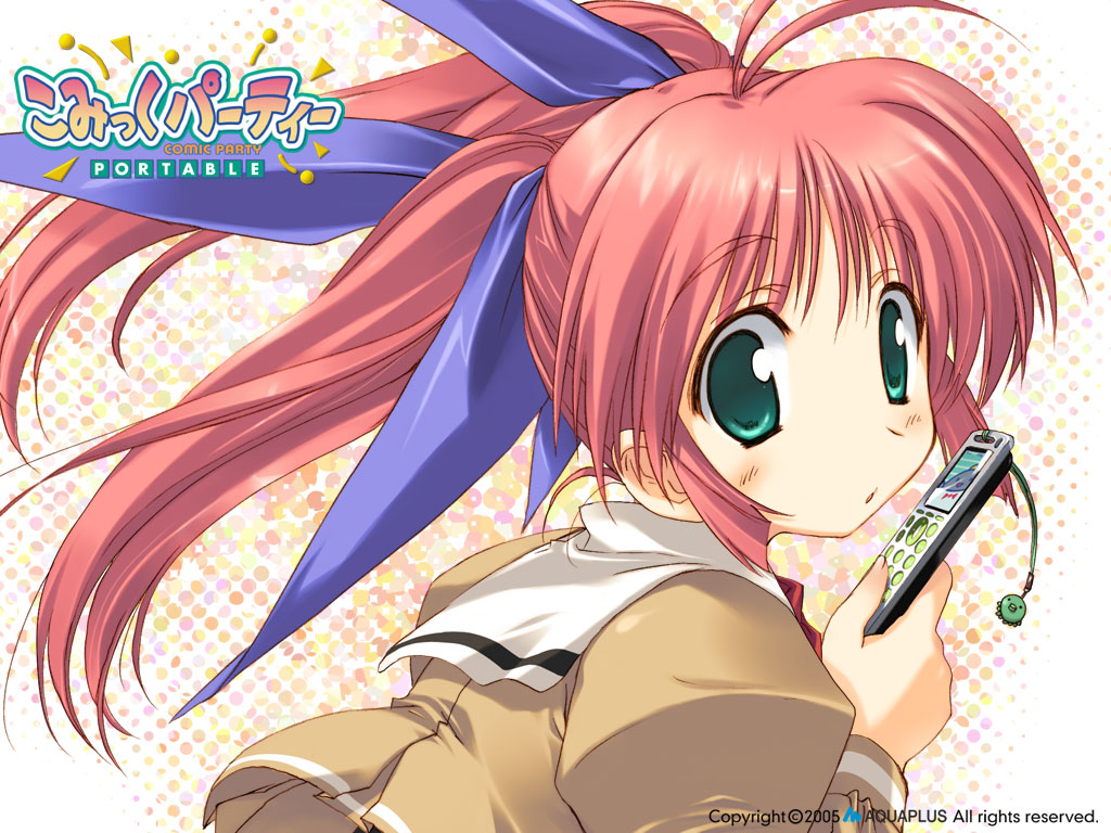 00s, 1girl, blush, cellphone, comic_party, female_focus, green_eyes, hair_ribbon