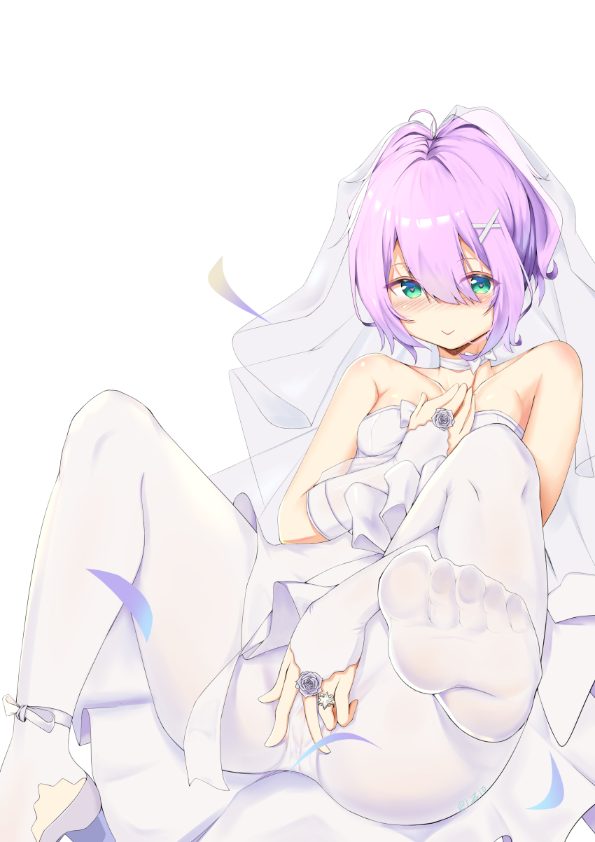 1girl, absurdres, azur_lane, dress, highres, javelin_(azur_lane), javelin_(blissful_june_bride)_(azur_lane), pantyhose, purple_hair, wedding_dress, white_dress, white_pantyhose