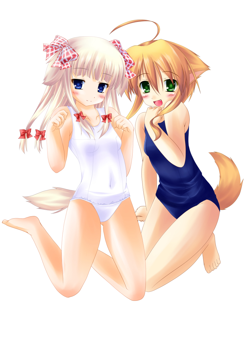 2girls, absurdres, ahoge, animal_ears, bad_id, bad_pixiv_id, barefoot, blonde_hair