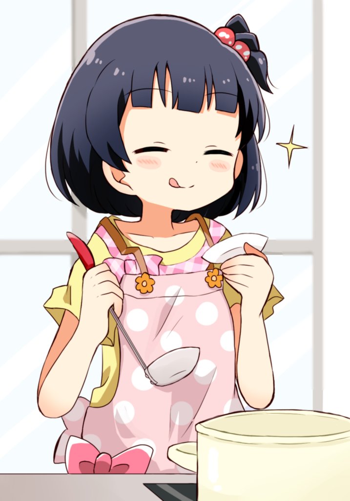 1girl, ^_^, apron, black_hair, blush, bow, brown_eyes, closed_eyes