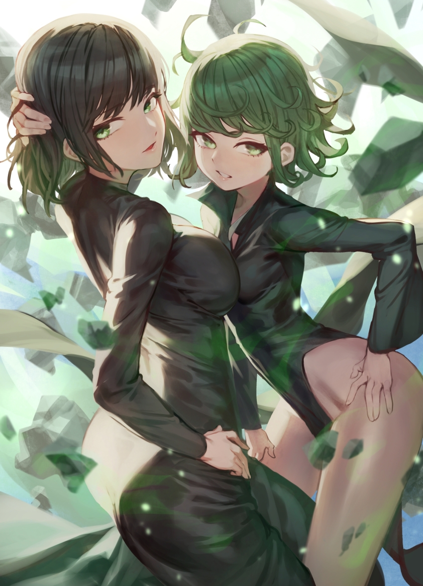 2girls, ass, black_dress, black_hair, breasts, chorogon, curly_hair, curvy