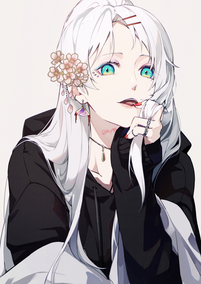 1girl, aqua_eyes, black_hoodie, drawstring, earrings, fan_earrings, fangs, flower
