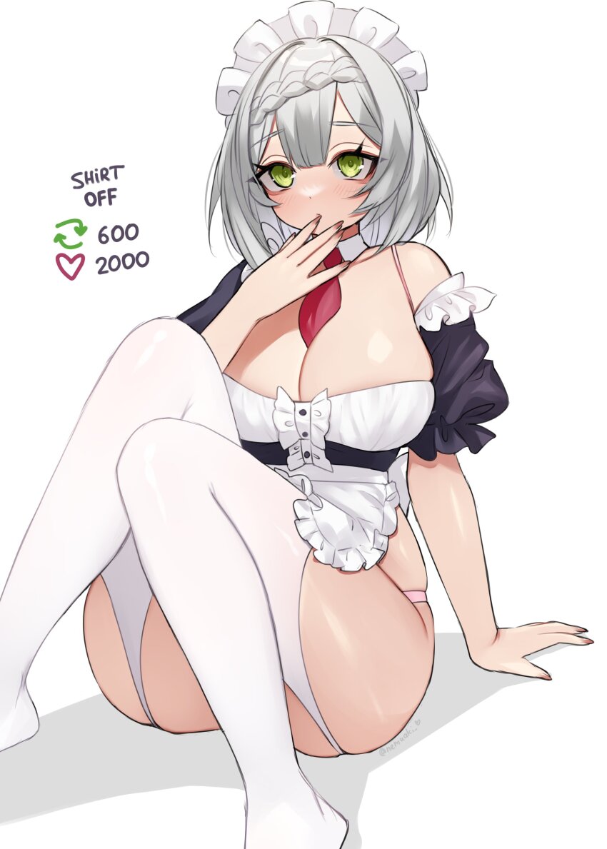 1girl, absurdres, black_shirt, blush, braid, breasts, cleavage, commentary_request