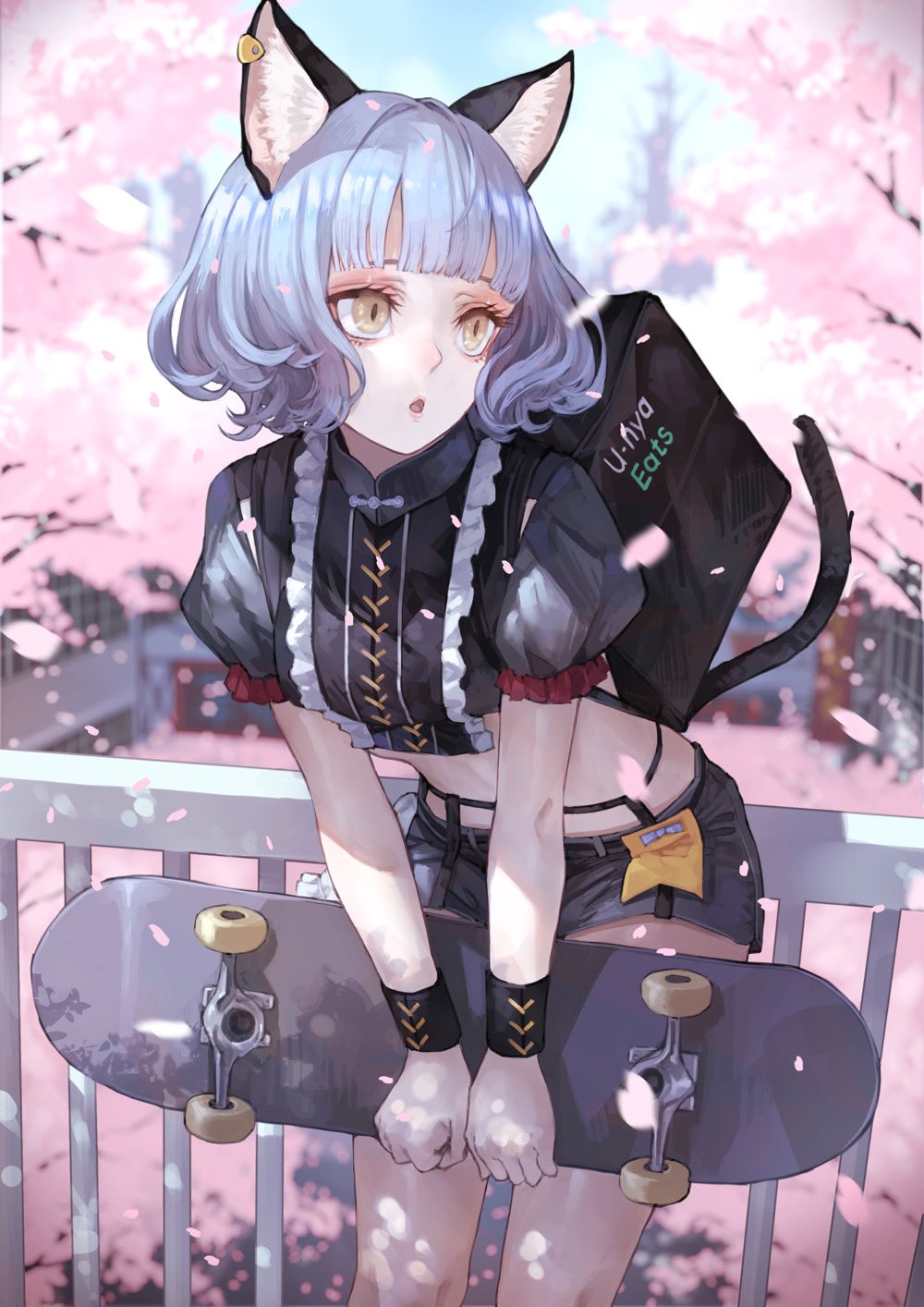 1girl, against_railing, animal_ears, cat_ears, cat_girl, cat_tail, cherry_blossoms, delivery, denim, denim_shorts, food_delivery_box, frills, highres, kamitsubaki_studio, kaoming, nina_(valis), open_mouth, railing, short_hair, shorts, sinsekai_record, skateboard, slit_pupils, tail, uber_eats, valis_(sinsekai), virtual_youtuber, white_hair, wristband, yellow_eyes