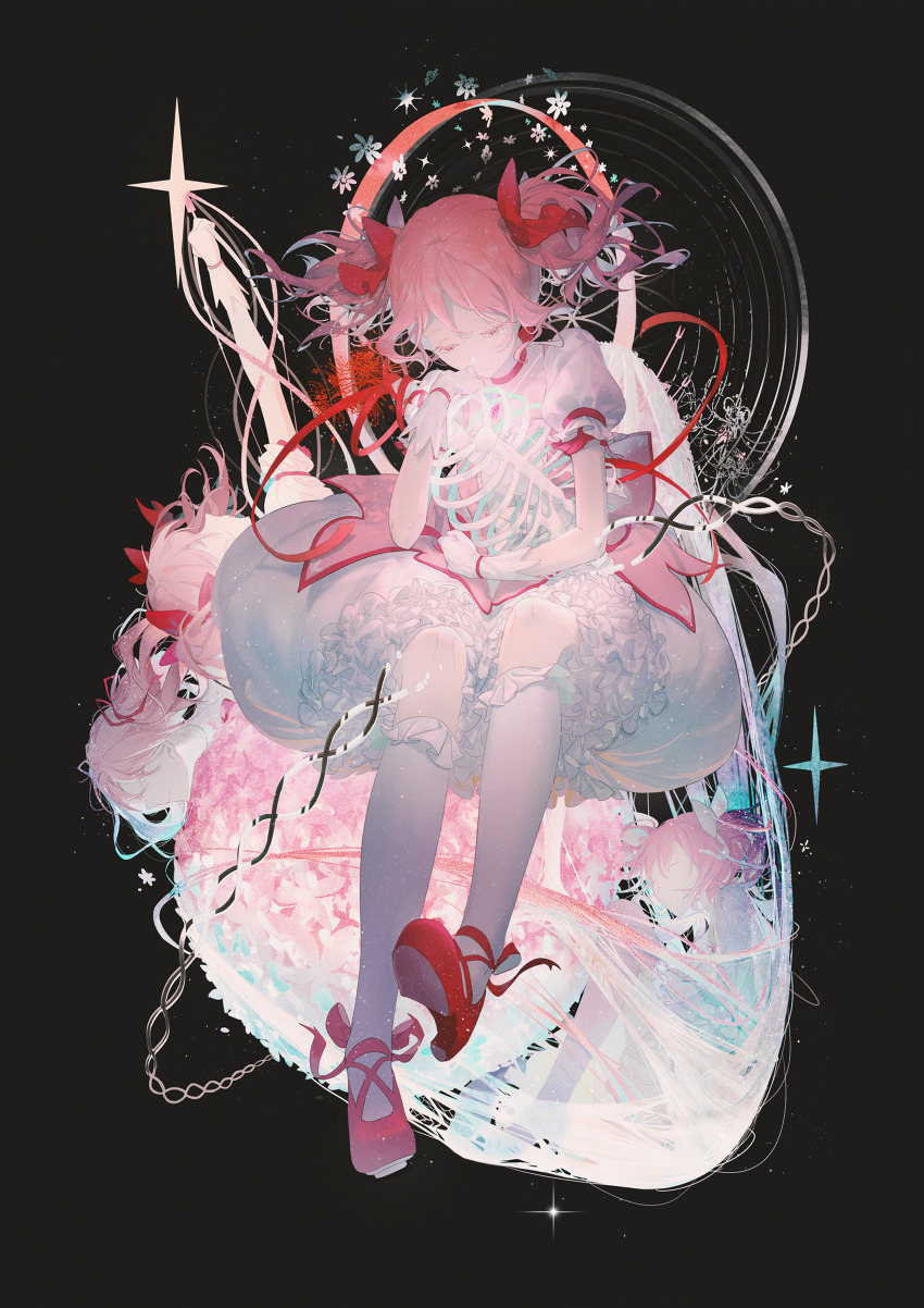 4girls, absurdres, arm_up, black_background, bone, bow, bow_choker, bubble_skirt