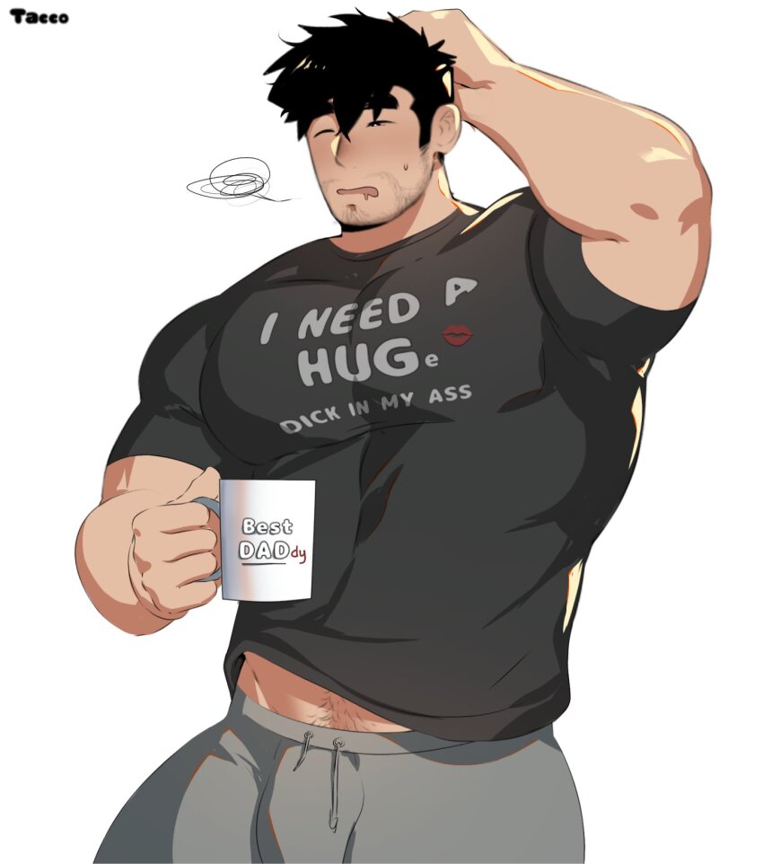 1boy, abs, bara, beard, black_hair, bulge, clothes_writing, cowboy_shot