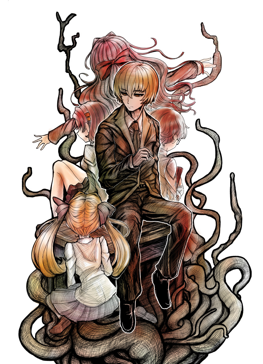 1boy, 4girls, absurdres, black_footwear, bow, brown_hair, cigarette, collared_shirt