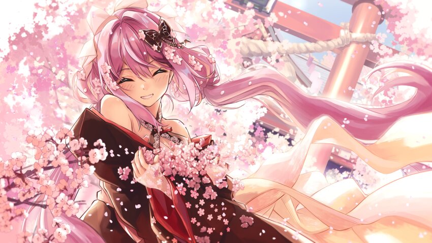 1girl, absurdres, ali_woli, architecture, black_kimono, blurry, blush, bow