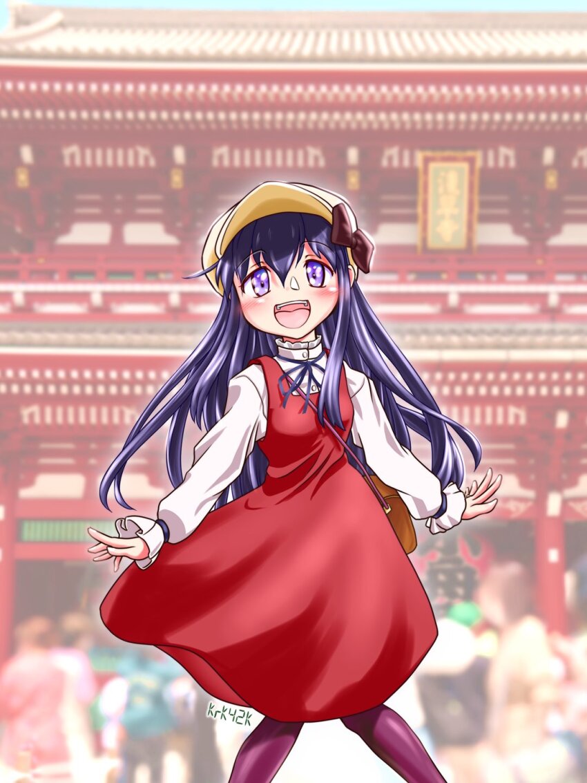 1girl, akatsuki_(kancolle), black_hair, blue_ribbon, newsboy_cap, collared_shirt, dress, dress_shirt