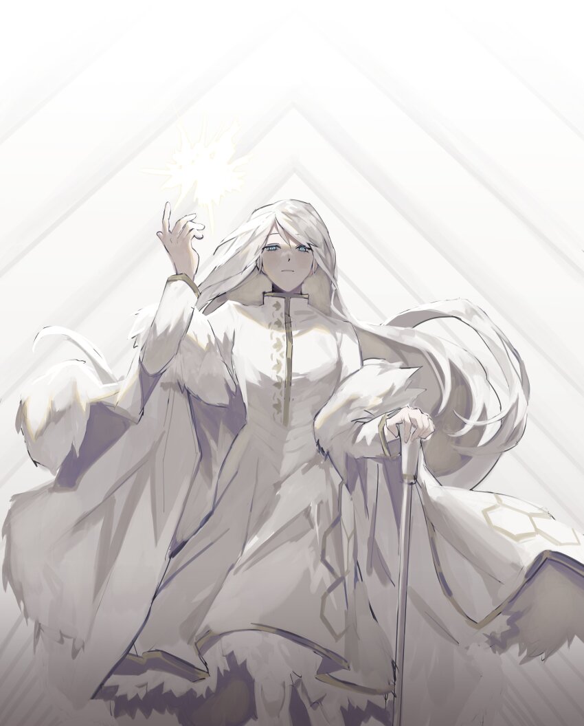 1girl, absurdres, alternate_costume, alternate_hair_length, alternate_hairstyle, blue_eyes, breasts, closed_mouth, coat, coat_on_shoulders, commentary_request, dress, faust_(project_moon), fur-trimmed_coat, fur-trimmed_dress, fur_trim, highres, holding, holding_staff, korean_commentary, limbus_company, long_hair, long_sleeves, nisi_(n1si), project_moon, small_breasts, solo, staff, white_background, white_coat, white_dress, white_hair