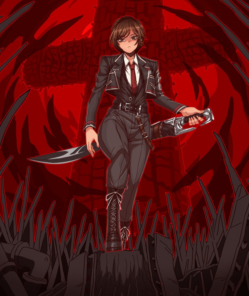 1girl, absurdres, b2k, black_boots, black_jacket, black_pants, black_vest, boots