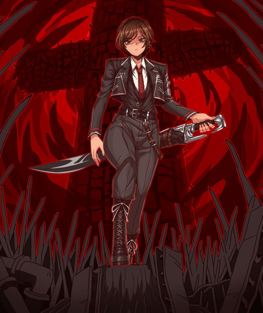 1girl, absurdres, b2k, black_boots, black_jacket, black_pants, black_vest, boots