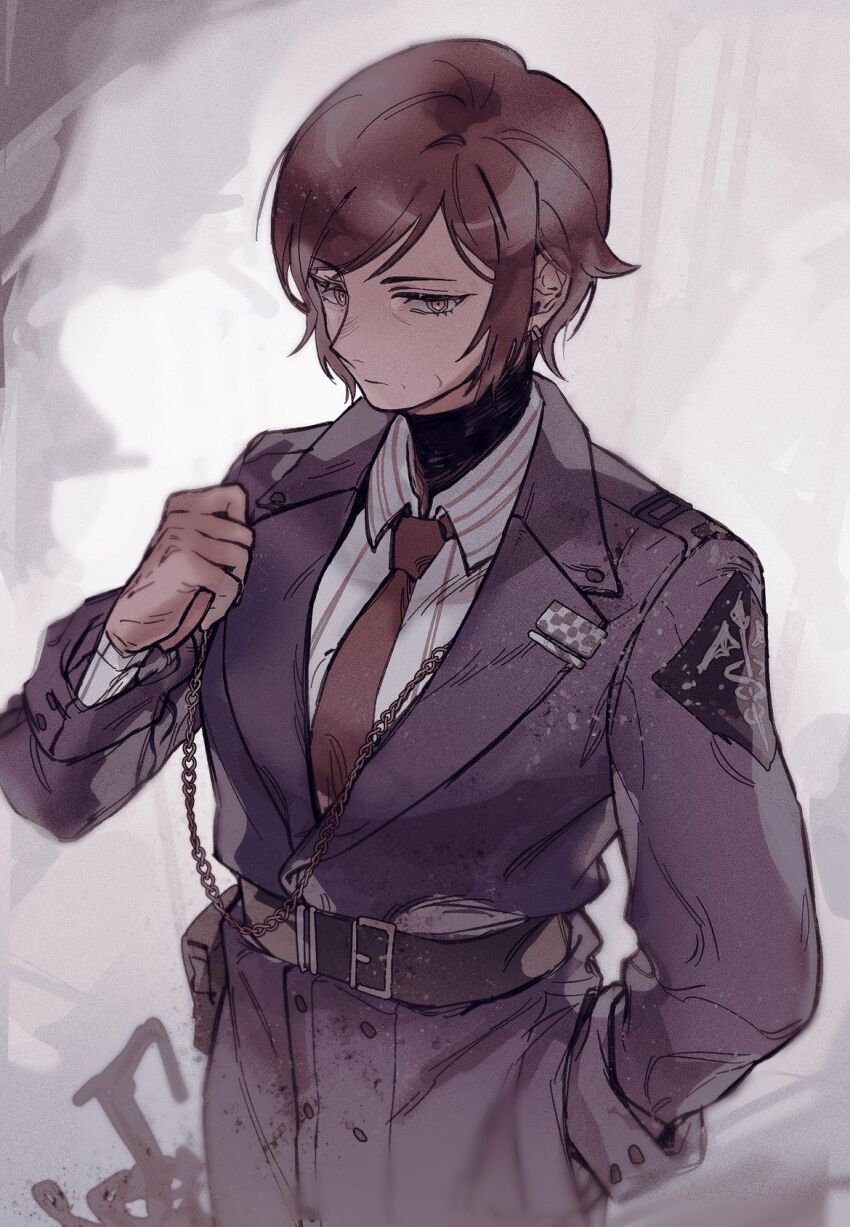 1girl, artist_request, black_jacket, brown_eyes, brown_hair, closed_mouth, collared_shirt, e.g.o_(project_moon)