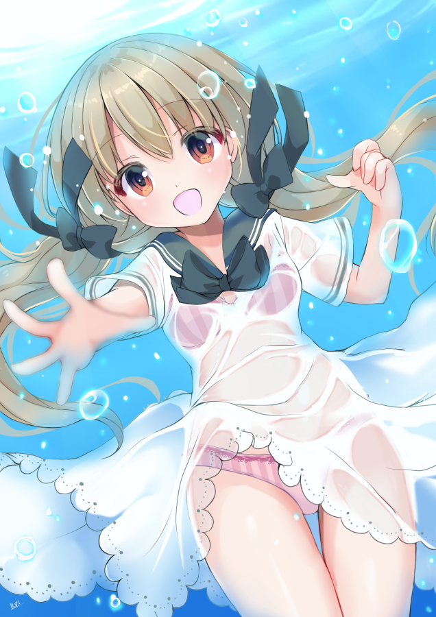 1girl, :d, black_bow, black_sailor_collar, bow, bowtie, bra, breasts