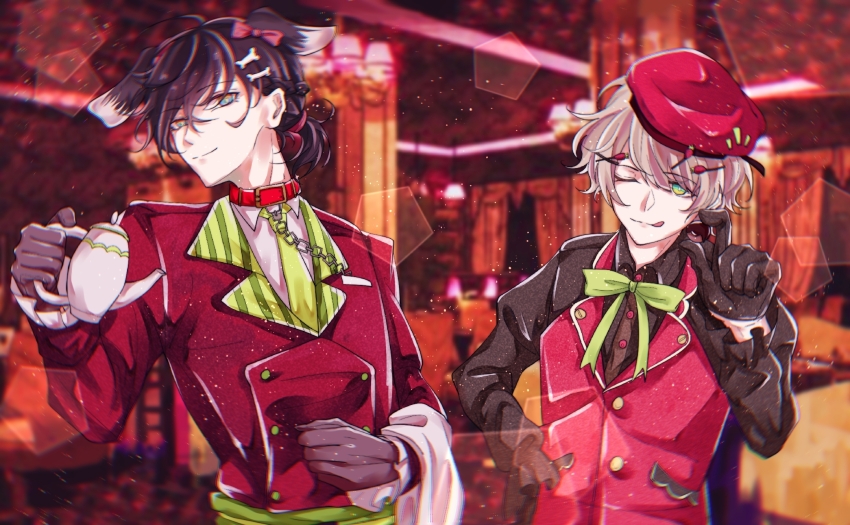 2boys, aizawa_tomoya, animal_ears, black_gloves, black_hair, black_shirt, blue_eyes, closed_mouth