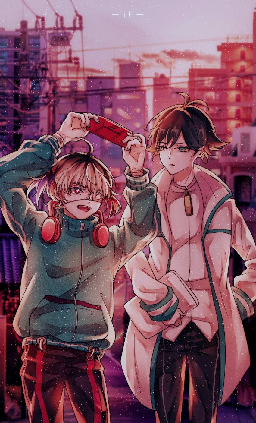 2boys, ahoge, androgynous, black_hair, blonde_hair, blue_hair, blue_jacket, coat