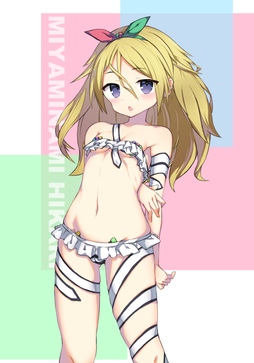 1girl, alice_gear_aegis, arm_ribbon, arms_behind_back, ben1shoga, bikini, blonde_hair, blush