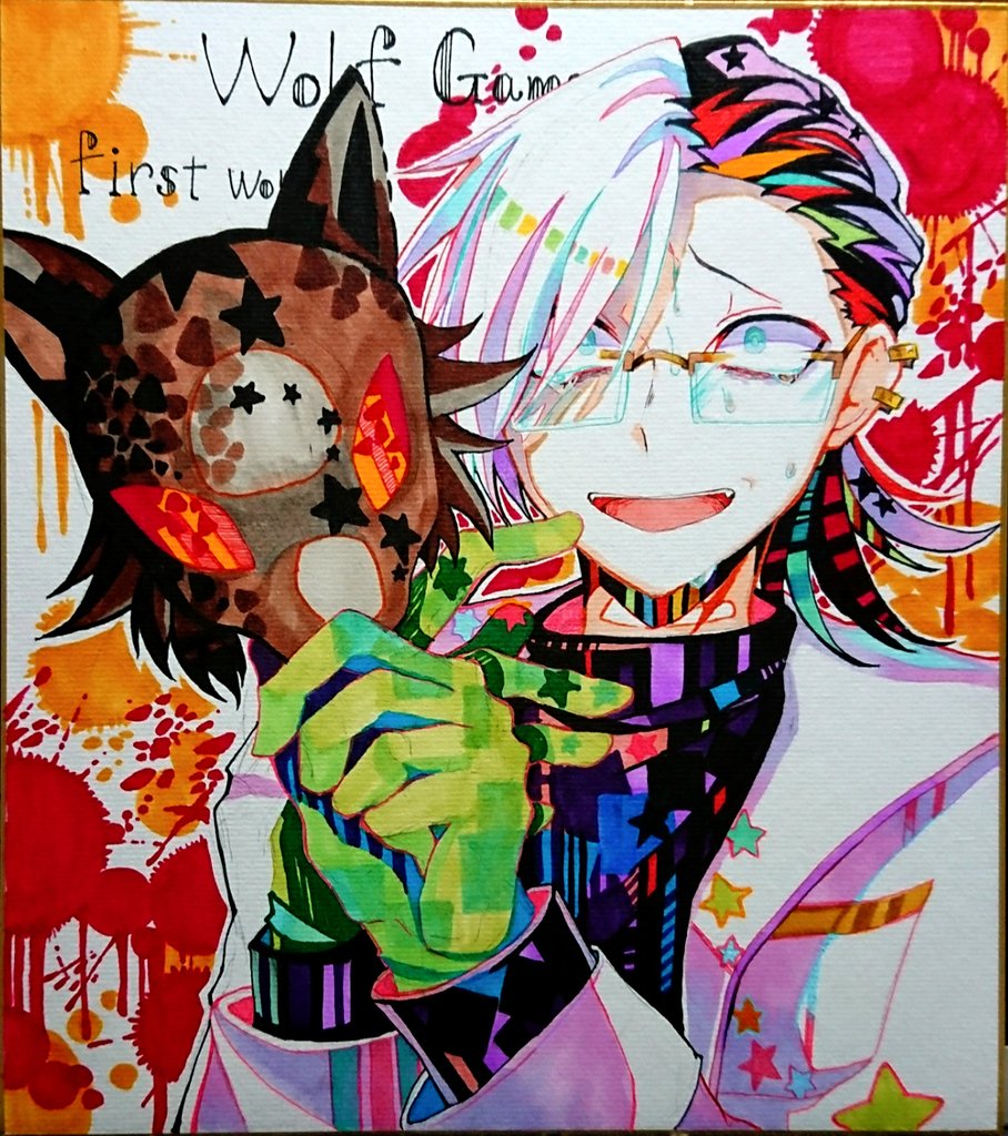 1boy, 1other, black_hair, blue_eyes, copyright_name, ear_piercing, glasses, gloves, green_gloves, lab_coat, long_sleeves, looking_at_viewer, multicolored_hair, ookami_game_(studio_wasabi), open_mouth, piercing, short_hair, smile, split-color_hair, turtleneck, white_hair, wolf_(ookami_game), yamagishi_souta, yonemori_satoru