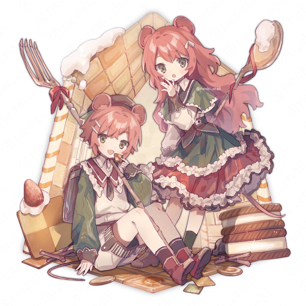 1boy, 1girl, :d, :o, animal_ear_fluff, animal_ears, backpack, bag