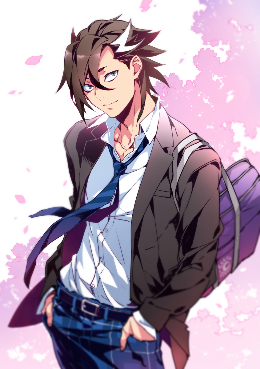 1boy, bag, black_hair, blue_pants, cherry_blossoms, fate/grand_order, fate_(series), grey_eyes, hands_in_pockets, highres, kotobuki_toro, male_focus, mandricardo_(bloom_in_spring)_(fate), mandricardo_(fate), necktie, pants, purple_bag, school_bag, school_uniform, shirt, smile, solo, white_background, white_shirt