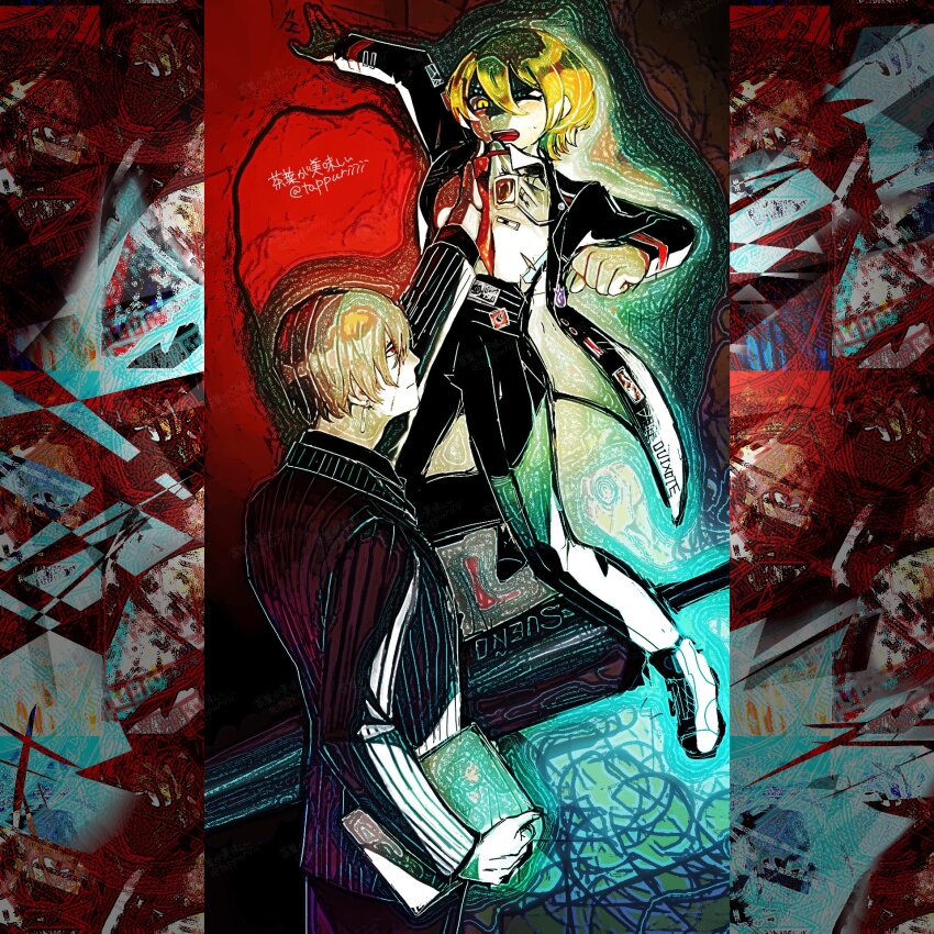 1boy, 1girl, artist_name, black_coat, black_pants, black_shirt, blonde_hair, brown_hair