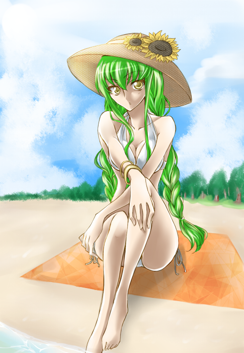 1girl, bare_shoulders, barefoot, beach, bikini, bracelet, braid, c.c., code_geass, feet, female_focus, green_hair, hat, jewelry, long_hair, nature, outdoors, sitting, sky, solo, suzuki_shia, swimsuit, twin_braids, yellow_eyes