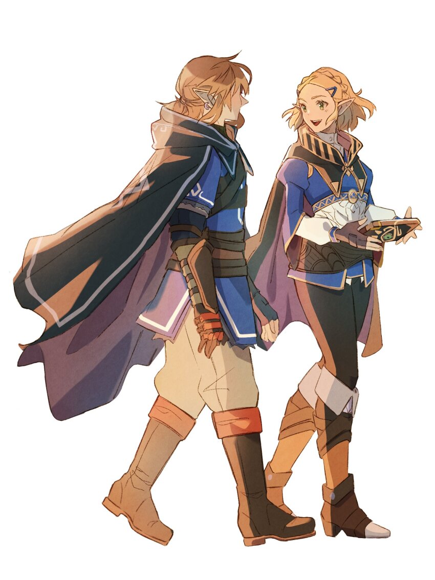 1boy, 1girl, black_cape, black_pants, blonde_hair, blue_shirt, blue_tunic, boots