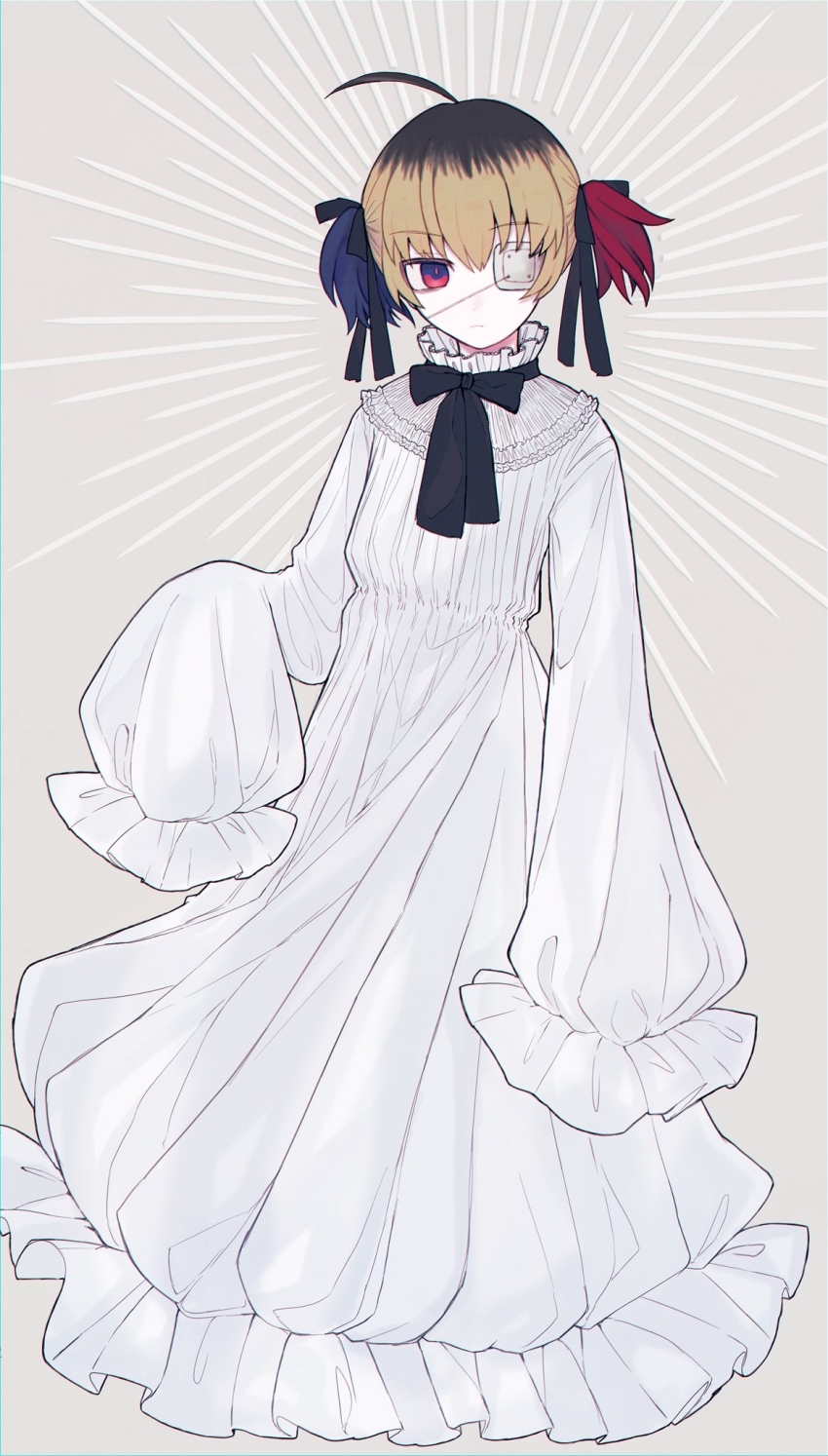 1boy, ahoge, androgynous, bakara_(19083210), black_ribbon, blonde_hair, blue_hair, brown_hair, crossdressing, crossdressing_(mtf), dress, eyepatch, grey_background, hair_ribbon, highres, long_sleeves, male_focus, multicolored_background, multicolored_hair, ookami_game_(studio_wasabi), red_eyes, red_hair, ribbon, rurikawa_yuuto, short_hair, short_twintails, solo, twintails, white_background, white_dress
