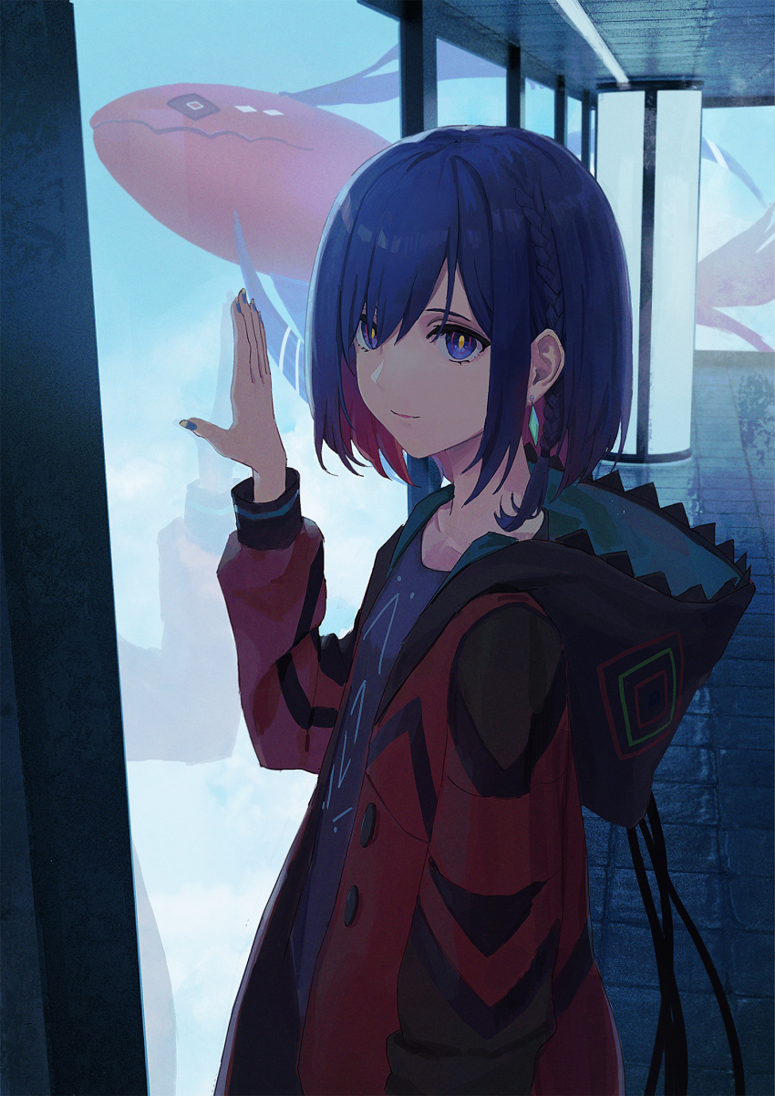 1girl, against_glass, blue_eyes, blue_hair, blue_nails, blue_shirt, braid, building, closed_mouth, collarbone, colored_inner_hair, commentary, fish, flying_fish, from_side, hand_on_glass, hand_up, hastur_(kamitsubaki_studio), highres, hood, hood_down, hooded_jacket, indoors, jacket, kamitsubaki_studio, long_sleeves, looking_at_viewer, looking_to_the_side, multicolored_eyes, multicolored_hair, multicolored_jacket, nekoreito, open_clothes, open_jacket, red_eyes, red_hair, red_jacket, reflective_floor, rim_(kamitsubaki_studio), shirt, short_hair, side_braid, skyscraper, smile, solo_focus, swept_bangs, tile_floor, tiles, virtual_youtuber, window, yellow_pupils