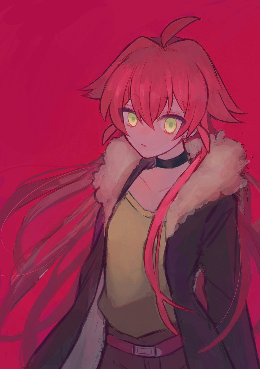 1girl, bakara_(19083210), belt, black_choker, black_jacket, brown_belt, choker, fur-trimmed_jacket