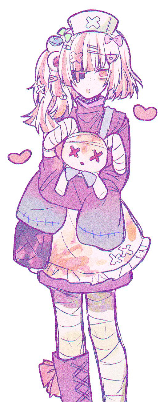 1girl, bakara_(19083210), bandaged_leg, bandages, bow, eyeball_hair_ornament, freckles, hair_bow