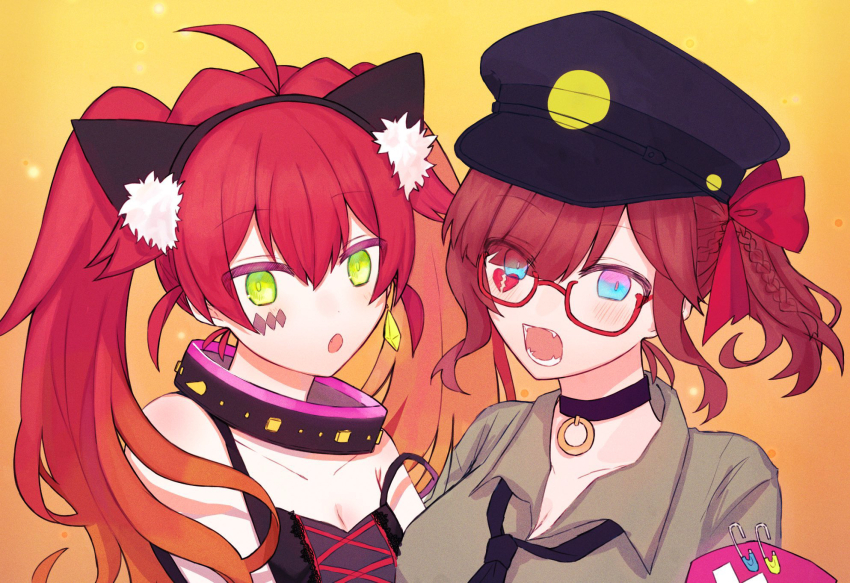 2girls, ahoge, animal_ears, bakara_(19083210), brown_hair, cat_ears, facial_mark, fake_animal_ears