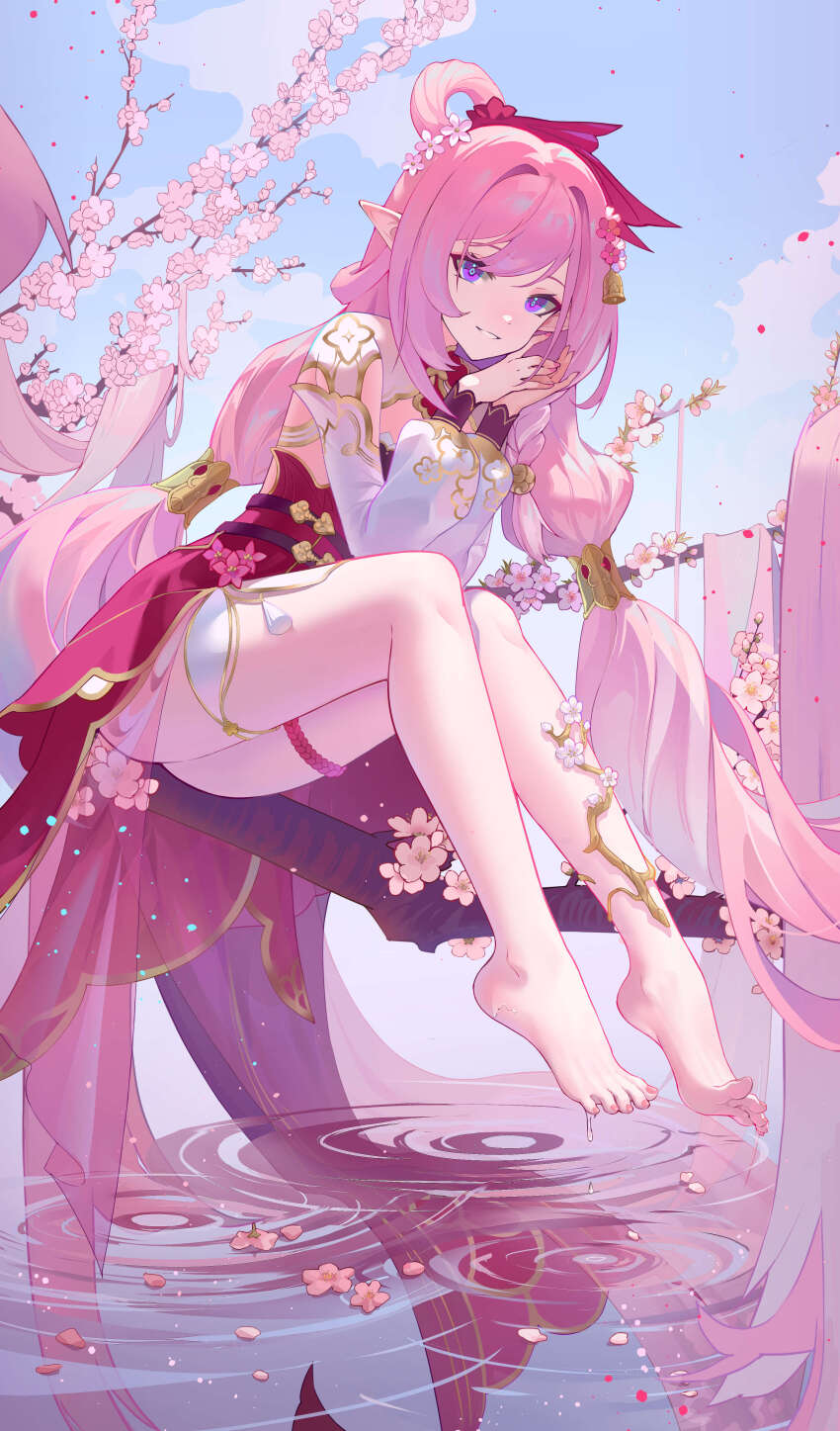 1girl, :d, absurdres, ai_dongdong, barefoot, blue_sky, cherry_blossoms, chinese_clothes, cloud, cloudy_sky, elf, elysia_(herrscher_of_human:_ego)_(honkai_impact), elysia_(honkai_impact), elysia_(peachy_spring)_(honkai_impact), feet, full_body, grin, hair_ornament, highres, honkai_(series), honkai_impact_3rd, legs, long_hair, nail_polish, open_mouth, outdoors, petals, petals_on_liquid, pink_eyes, pink_hair, pointy_ears, sitting, sitting_on_branch, sky, smile, solo, spread_toes, spring_(season), teeth, toenail_polish, toenails, toes, very_long_hair, wet, wet_hair, white_sleeves