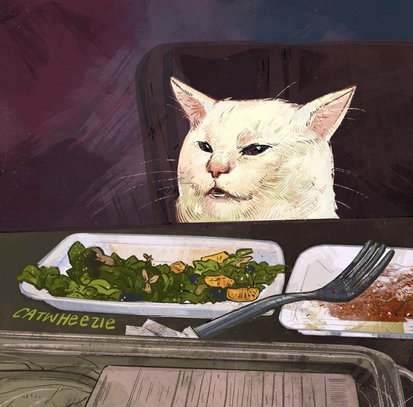 animal, artist_name, cat, catwheezie, food, fork, meme, no_humans
