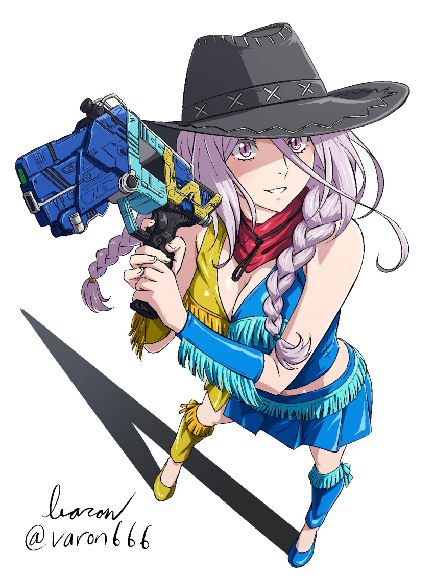 1girl, baron_(varon666), breasts, cleavage, cowboy_hat, fuuto_tantei, hat, highres, kamen_rider, kamen_rider_double, kamen_rider_double_(lunatrigger), kamen_rider_w, large_breasts, long_hair, purple_eyes, purple_hair, shoes, solo, tokime_(fuuto_tantei), varon, yellow_shoes