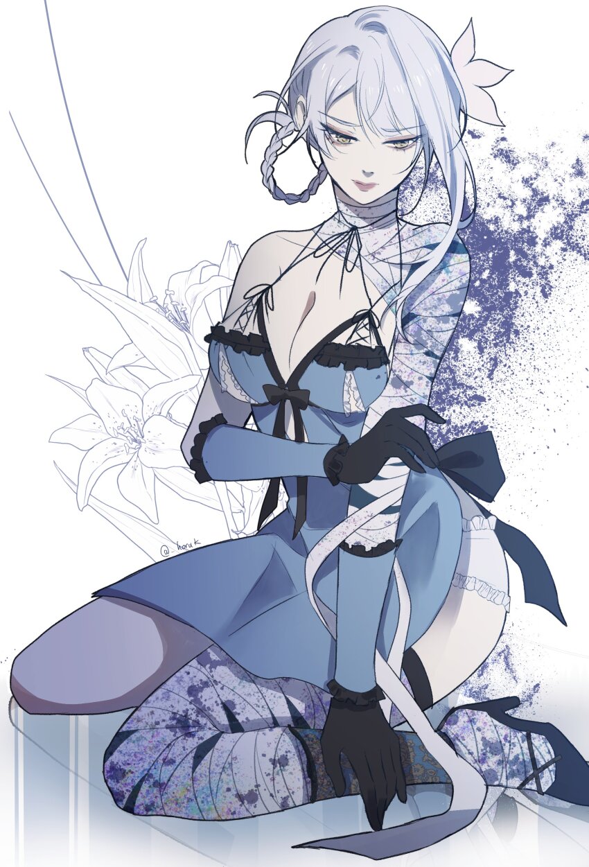absurdres, asymmetrical_hair, back_bow, bandaged_arm, bandaged_leg, bandages, black_gloves, bow, braid, braided_hair_rings, breasts, cleavage, floral_background, flower, full_body, gloves, grey_hair, hair_flower, hair_ornament, hair_rings, half-closed_eyes, hand_on_own_arm, high_heels, highres, hora_k, kaine_(nier), kneeling, large_breasts, lily_(flower), lingerie, negligee, nier_(series), swept_bangs, underwear, yellow_eyes