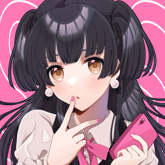 1girl, black_hair, blunt_bangs, blush, brown_eyes, cellphone, dot_nose, earrings