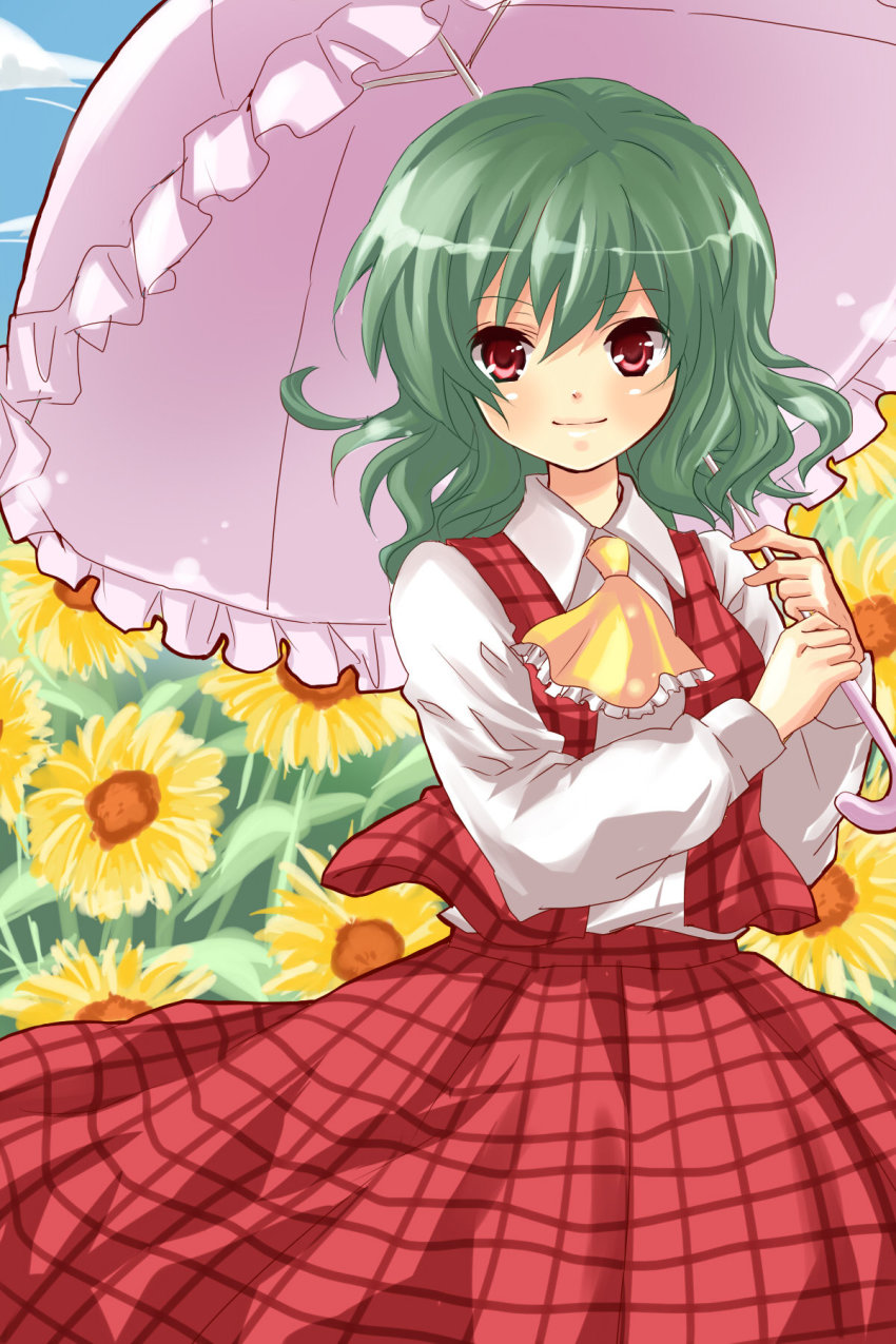 1girl, bad_id, bad_pixiv_id, chako, chako_(chakoxxx), dress, female_focus, field, flower, green_hair, highres, kazami_yuuka, plaid_clothes, plaid_skirt, plaid_vest, red_eyes, skirt, skirt_set, smile, solo, sunflower, touhou, umbrella, vest