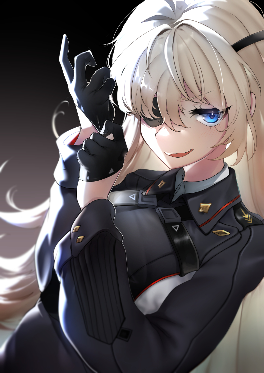 1girl, absurdres, arm_up, black_dress, black_footwear, black_gloves, blonde_hair, blue_eyes